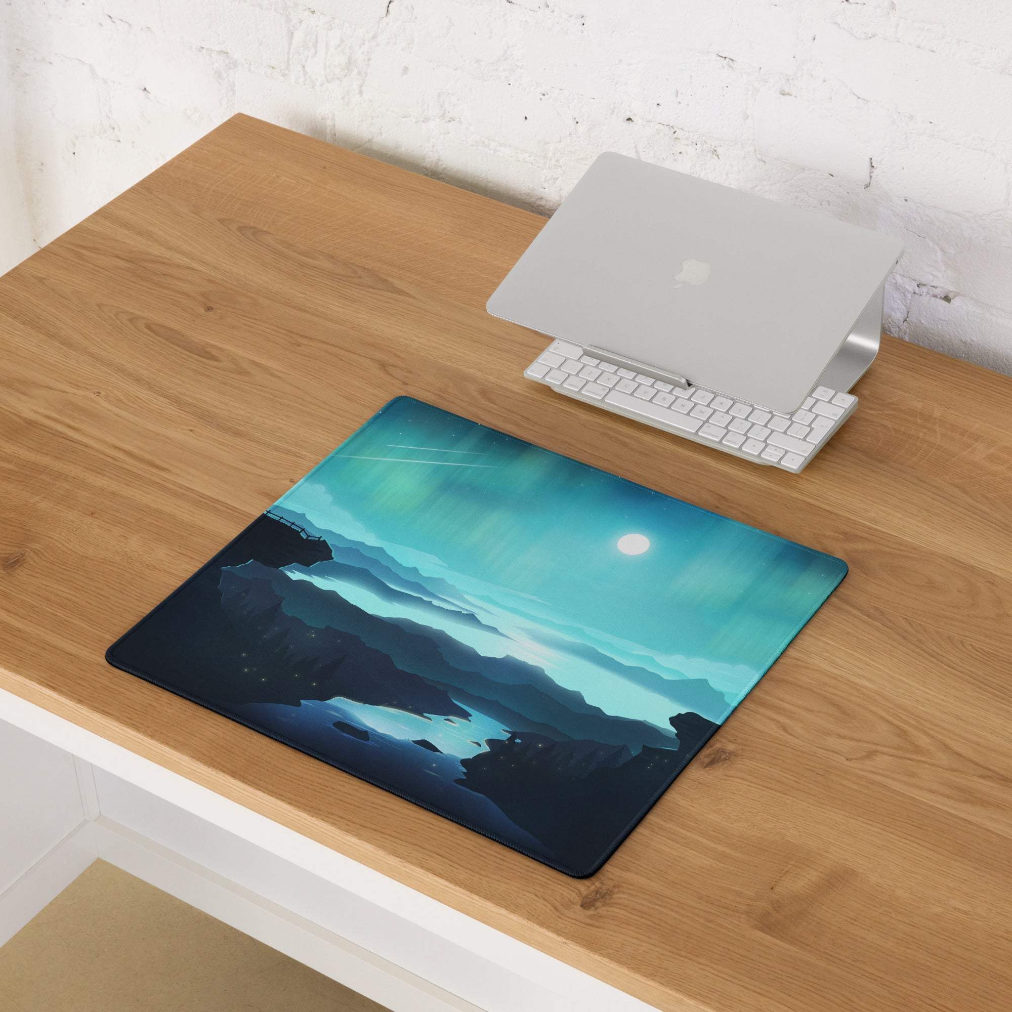Epic Aurora Landscape gaming mouse pad with teal aurora, mountains, moon