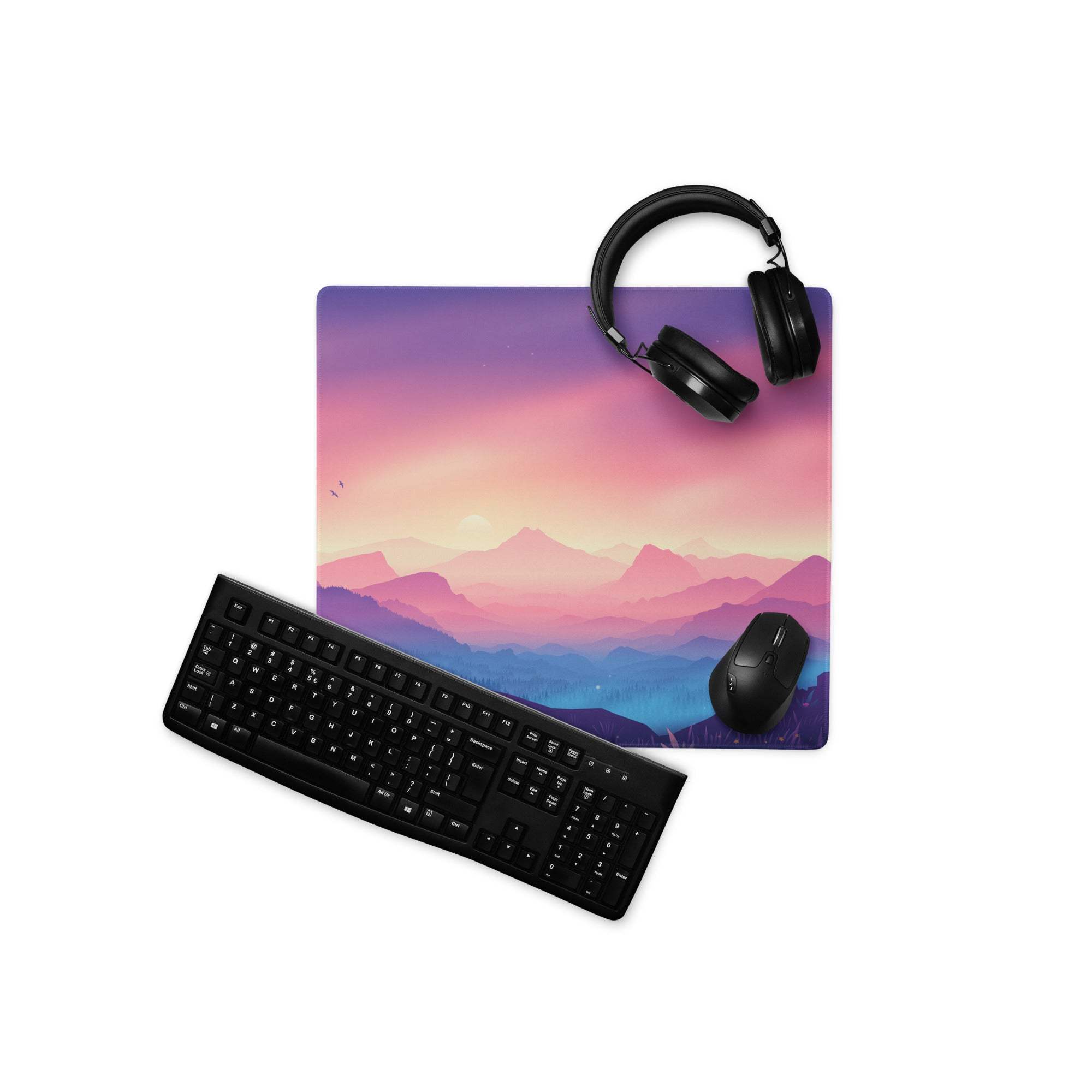 Purple pink gradient mountain sunset mousepad with black headphones