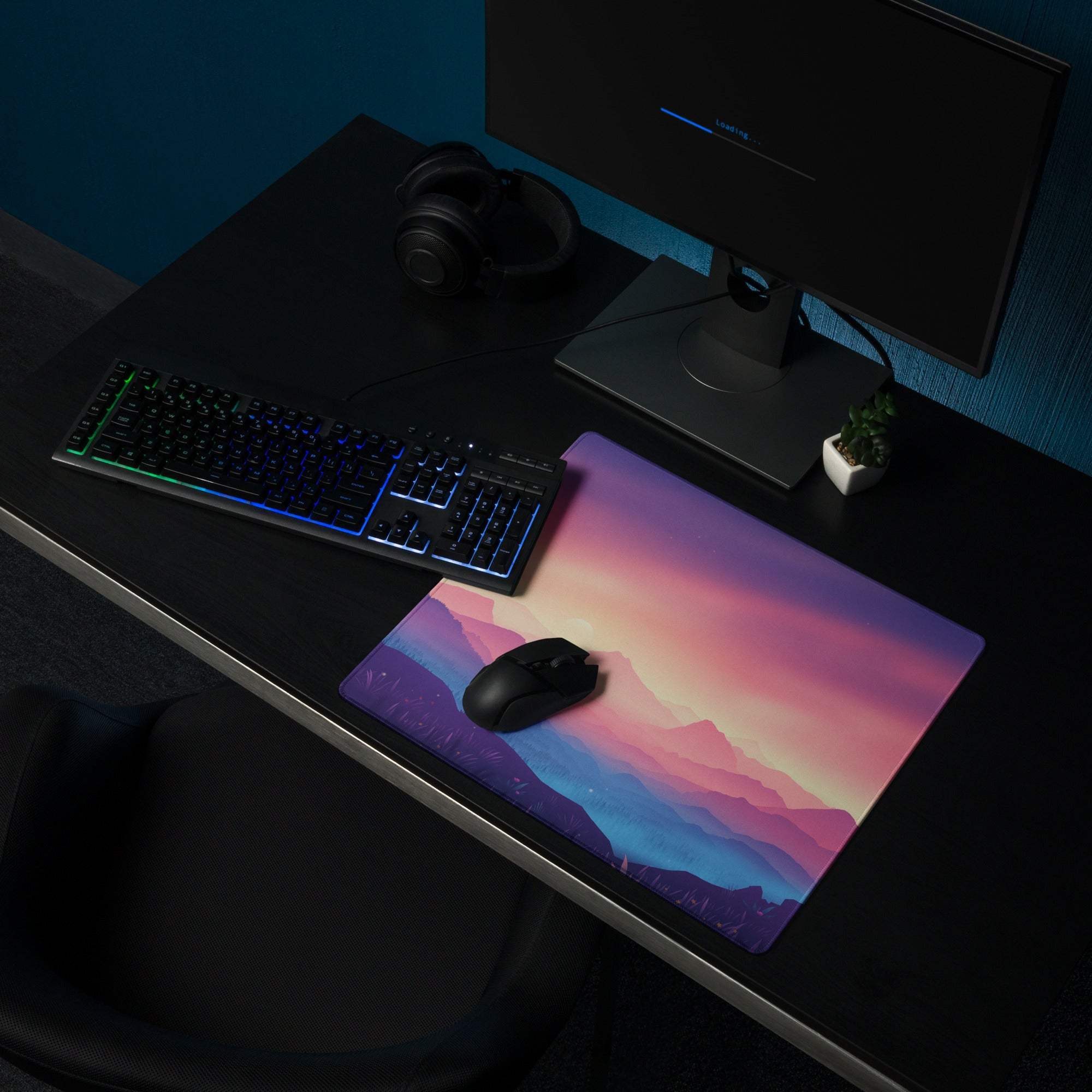 Dreamy Mountain Landscape gaming mouse pad with pink-purple-blue sunset gradient