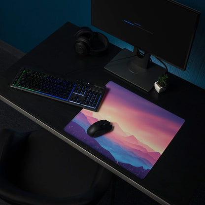 Dreamy Mountain Landscape gaming mouse pad with pink-purple-blue sunset gradient