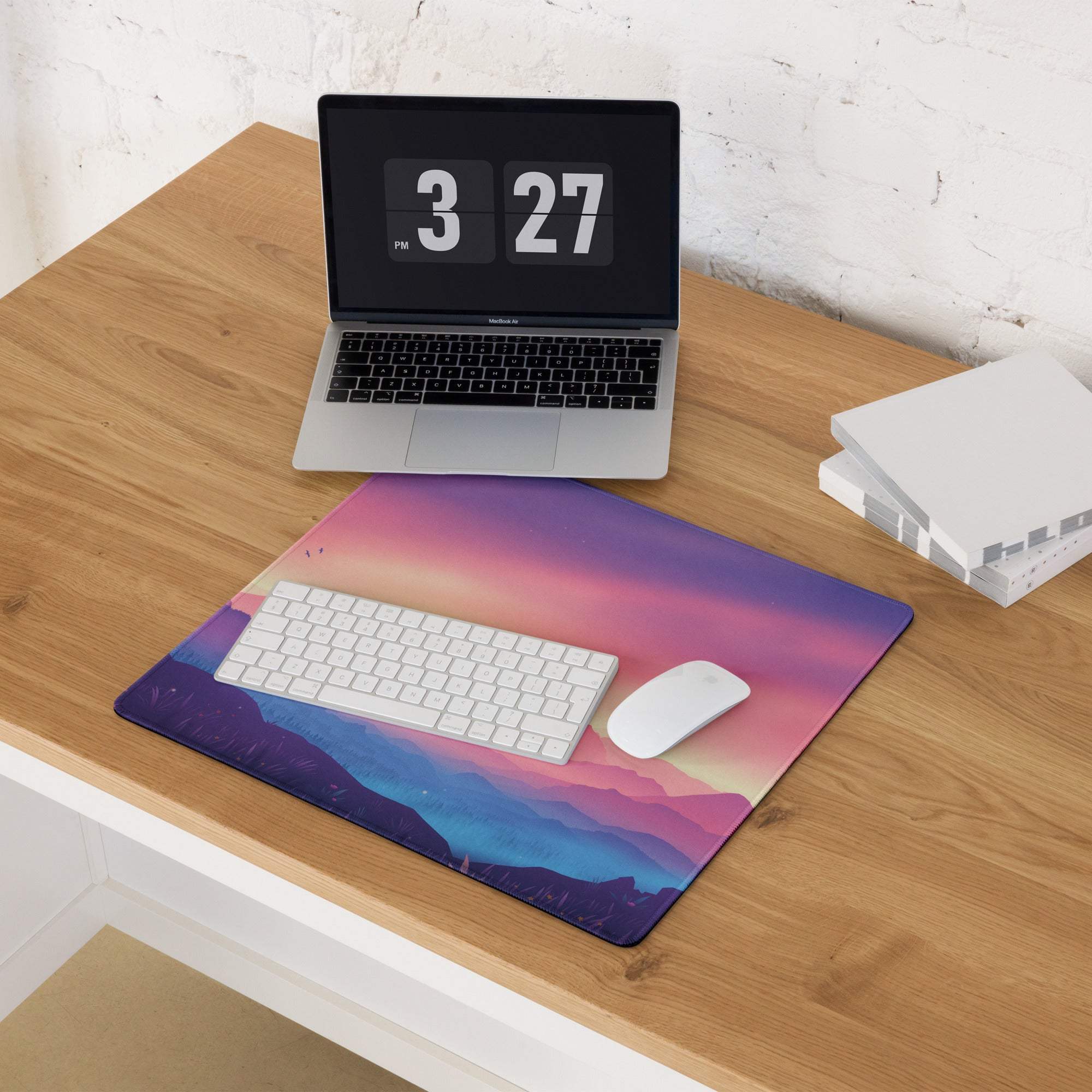 Dreamy mountain sunset gaming mouse pad with purple-pink-blue gradient, non-slip backing