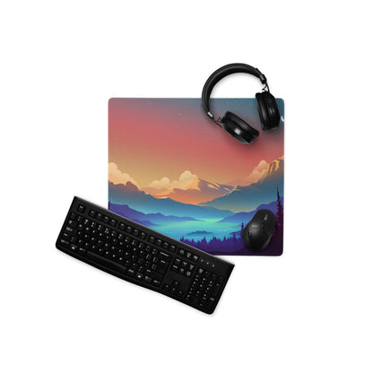 Large sunset mountain gaming mouse pad with non-slip backing and stitching