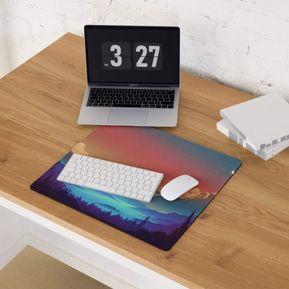 Large sunset mountain gaming mouse pad with purple-blue-teal aurora gradient, non-slip backing, edge stitching