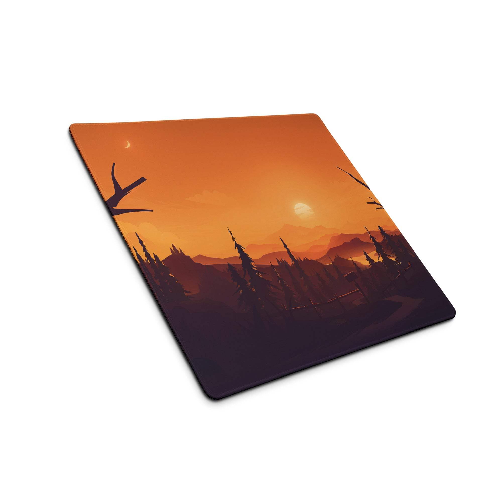 Bold Sunset Forest large gaming mouse pad with sunset landscape and stitching