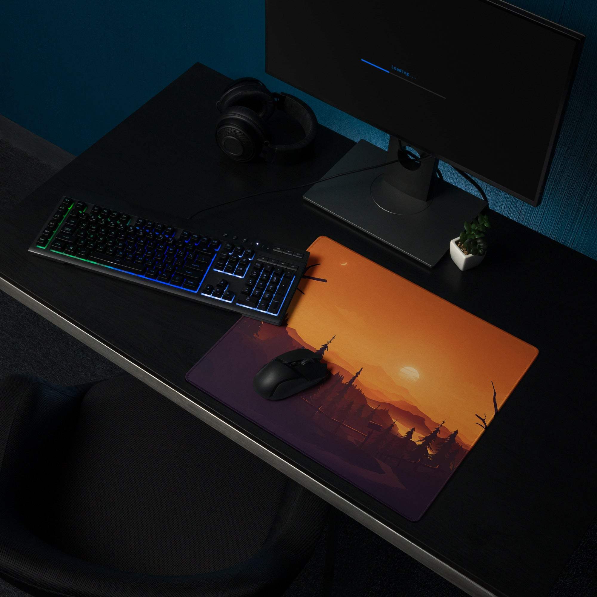 Bold Sunset Forest large gaming mouse pad with orange purple sunset landscape