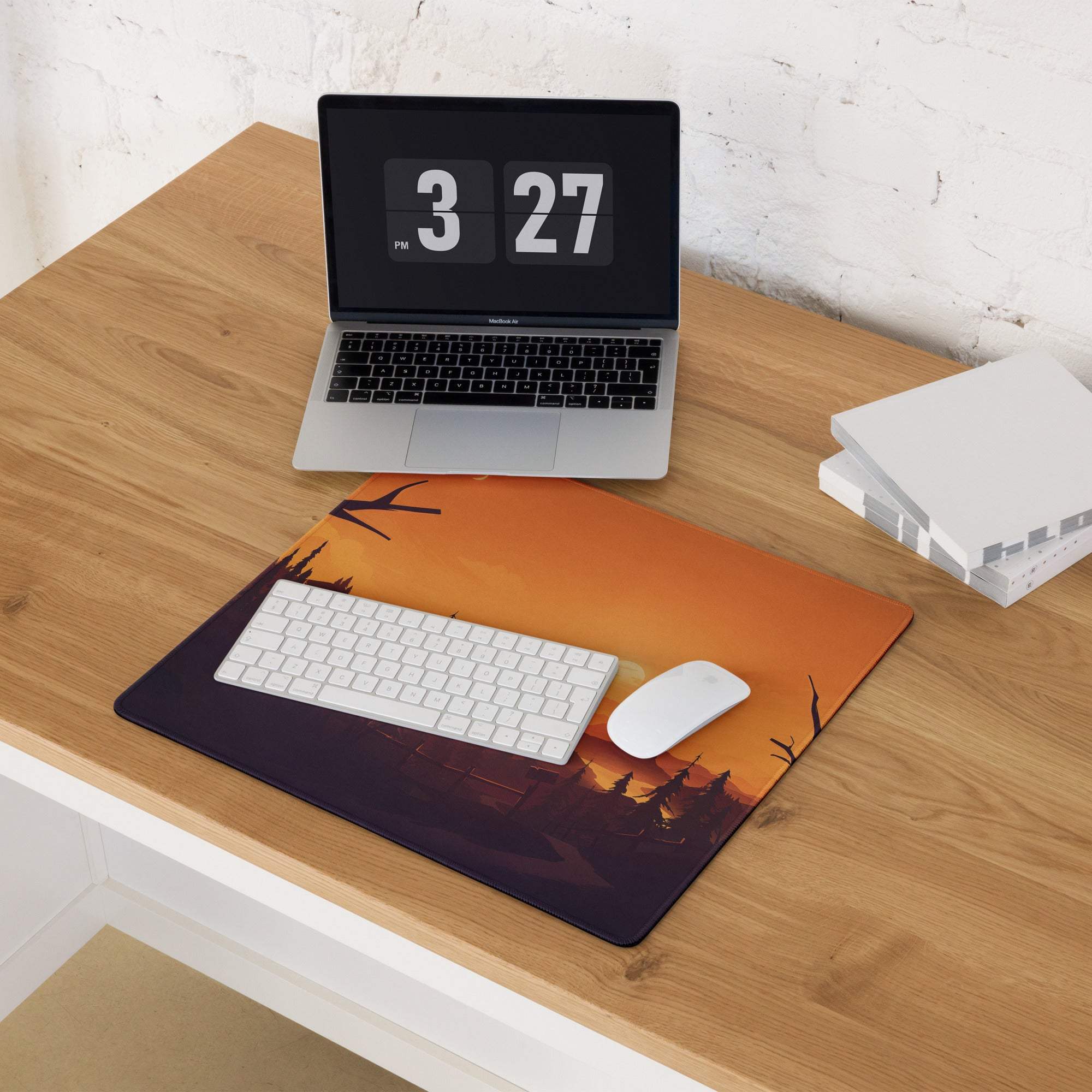 Bold Sunset Forest large gaming mouse pad with orange purple sunset, tree silhouettes, edge stitching, non-slip base