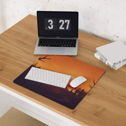 Bold Sunset Forest large gaming mouse pad with orange purple sunset, tree silhouettes, edge stitching, non-slip base