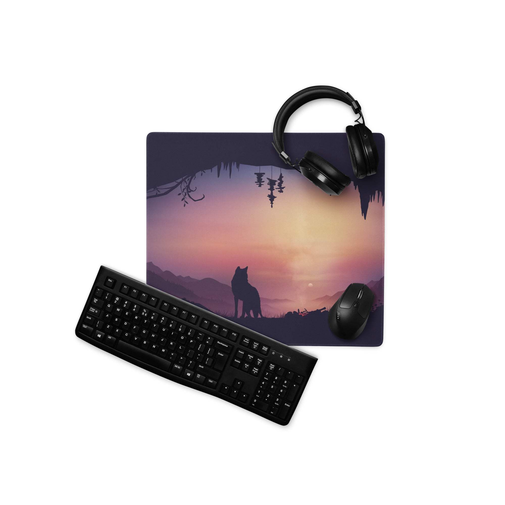 Stylized wolf at sunset gaming mouse pad with mountains and non-slip base