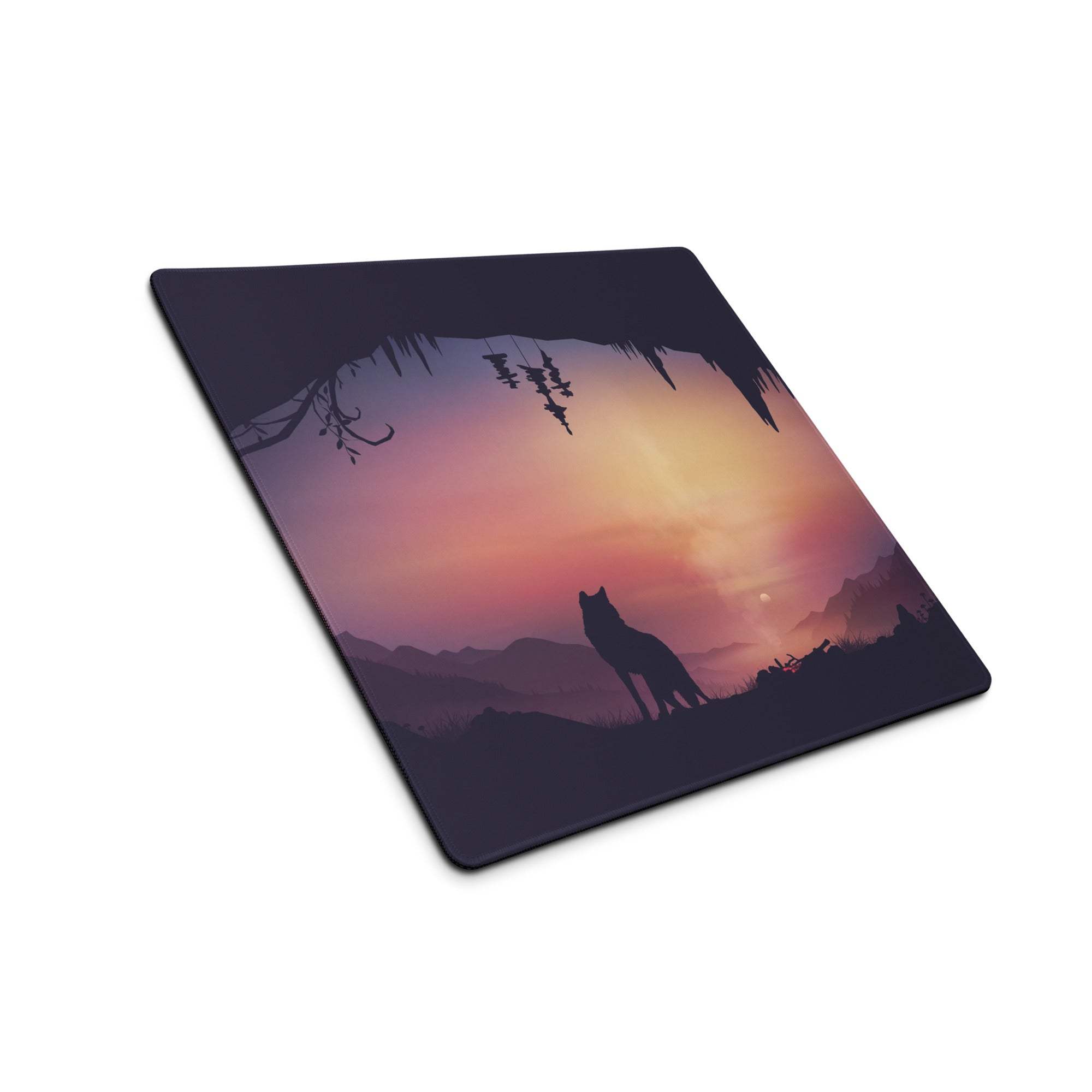 Stylized wolf at sunset gaming mouse pad with non-slip base