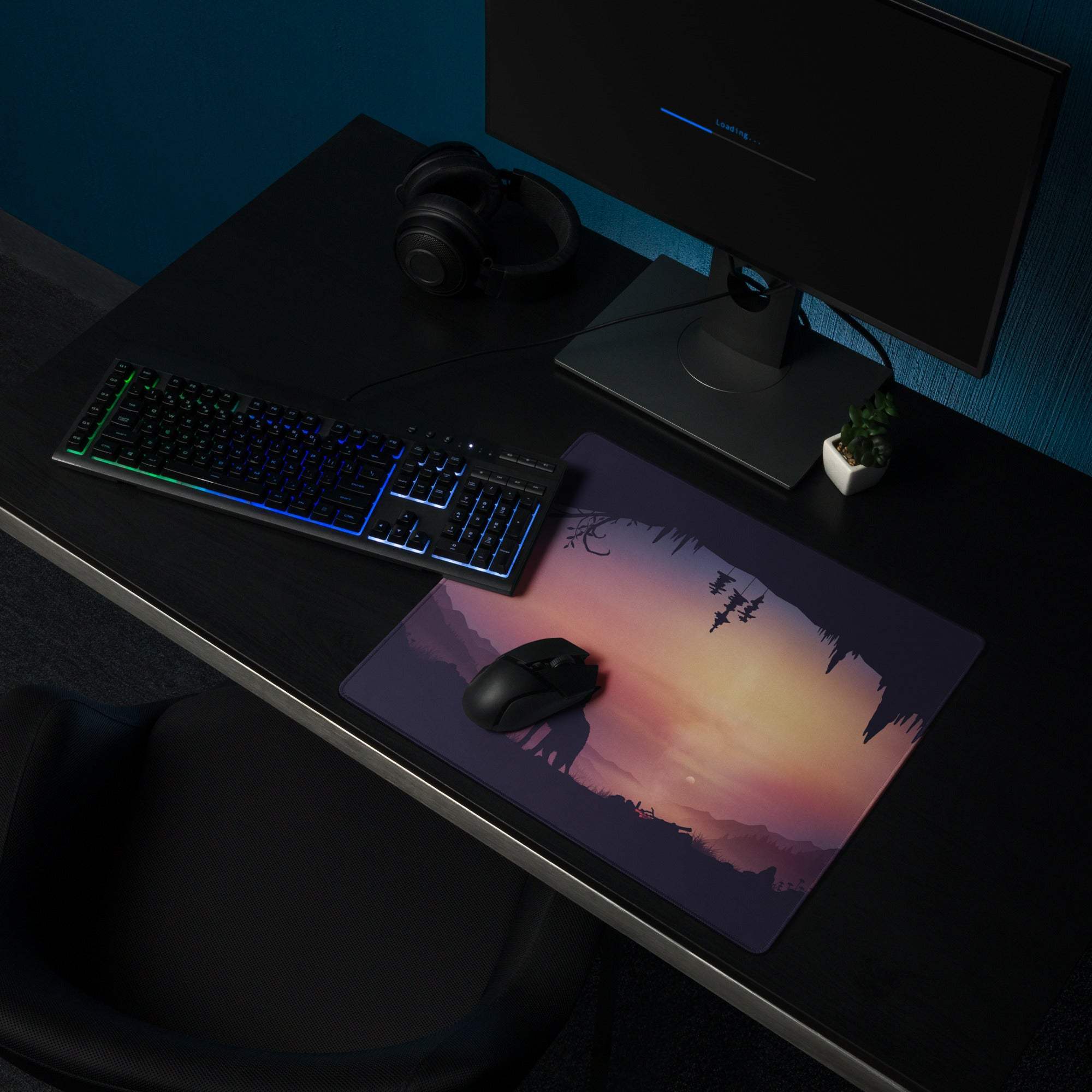 Stylized wolf at sunset gaming mouse pad with non-slip base