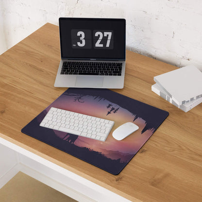 Stylized wolf at sunset gaming mouse pad with trees, mountains, non-slip base