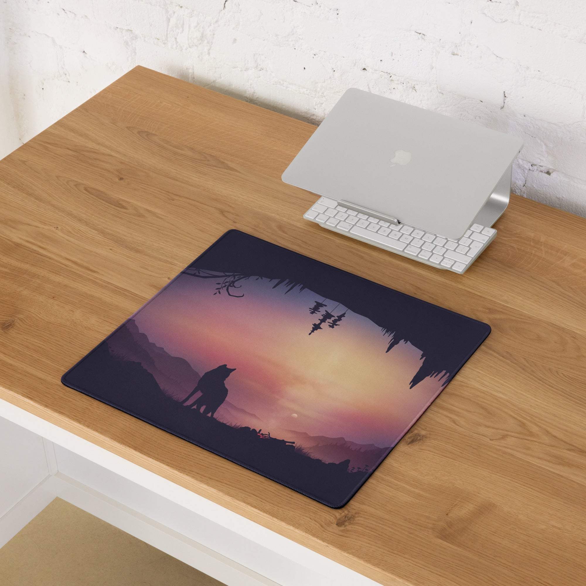 Stylized wolf at sunset gaming mouse pad with non-slip base