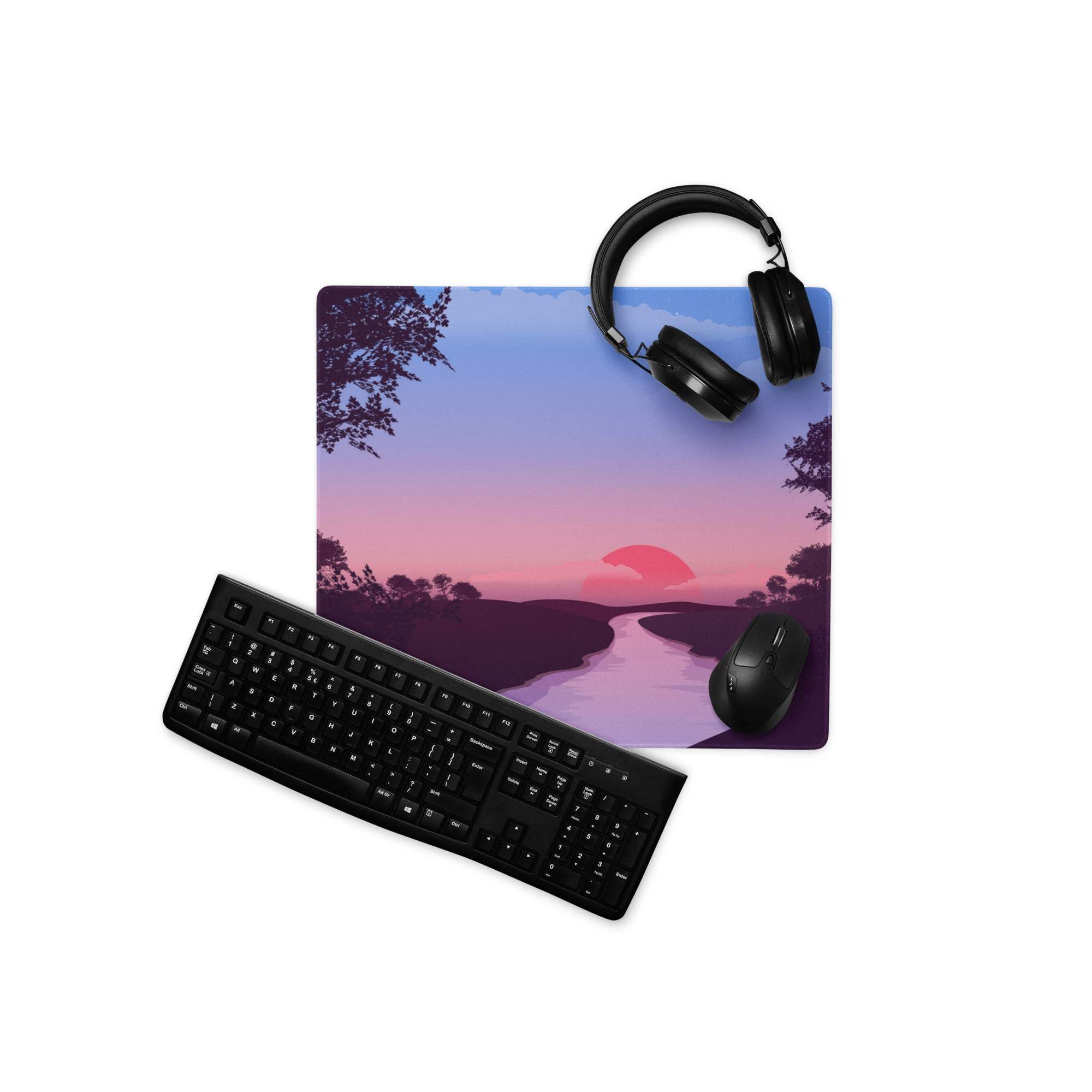 Dreamy sunset gaming mouse pad with purple twilight, trees, river, non-slip base