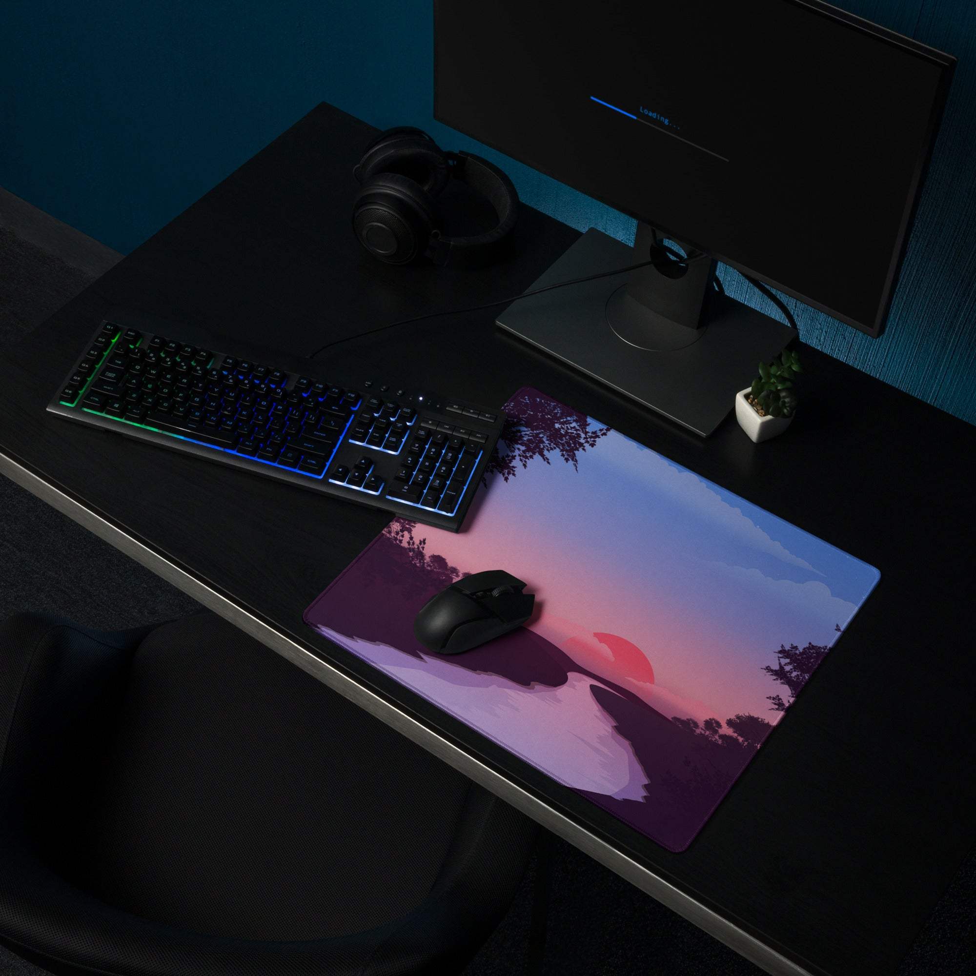 Dreamy sunset gaming mouse pad with purple twilight hues and non-slip base