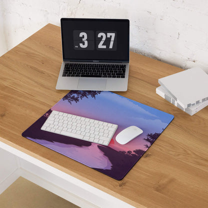 Purple blue gradient sunset mousepad with tree silhouettes, dusk twilight stitched base