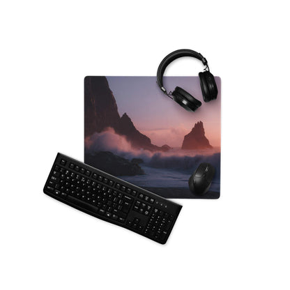 Black ergonomic keyboard on Sunset Ocean large pro gaming mouse pad