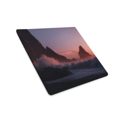 Sunset ocean large pro gaming mouse pad with vivid silhouetted cliffs