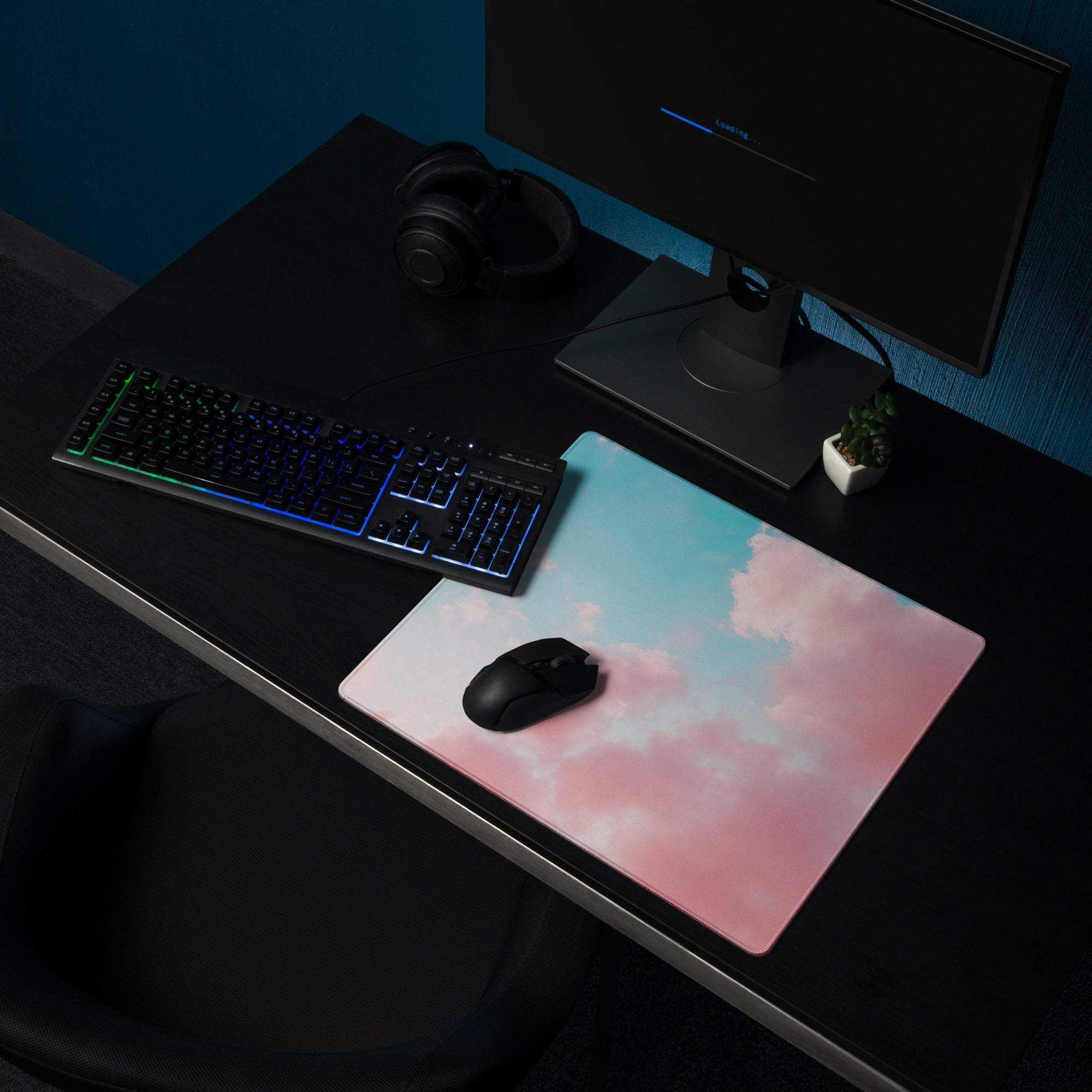 Premium large pastel pink blue sky cloud gaming mousepad with non-slip base