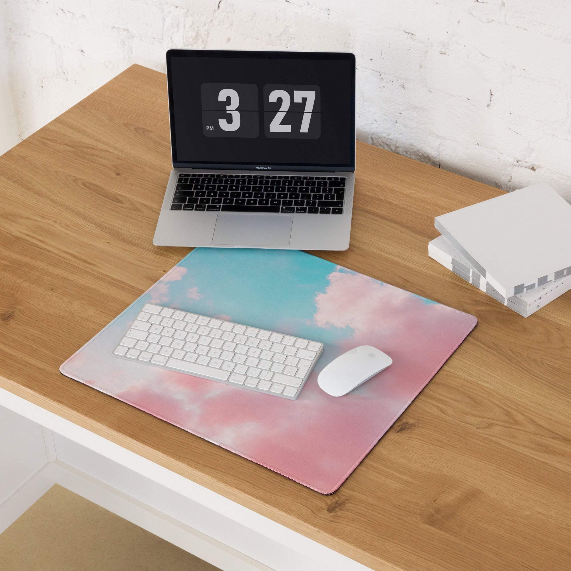Premium large pastel sky gaming mouse pad with pink blue clouds non-slip base