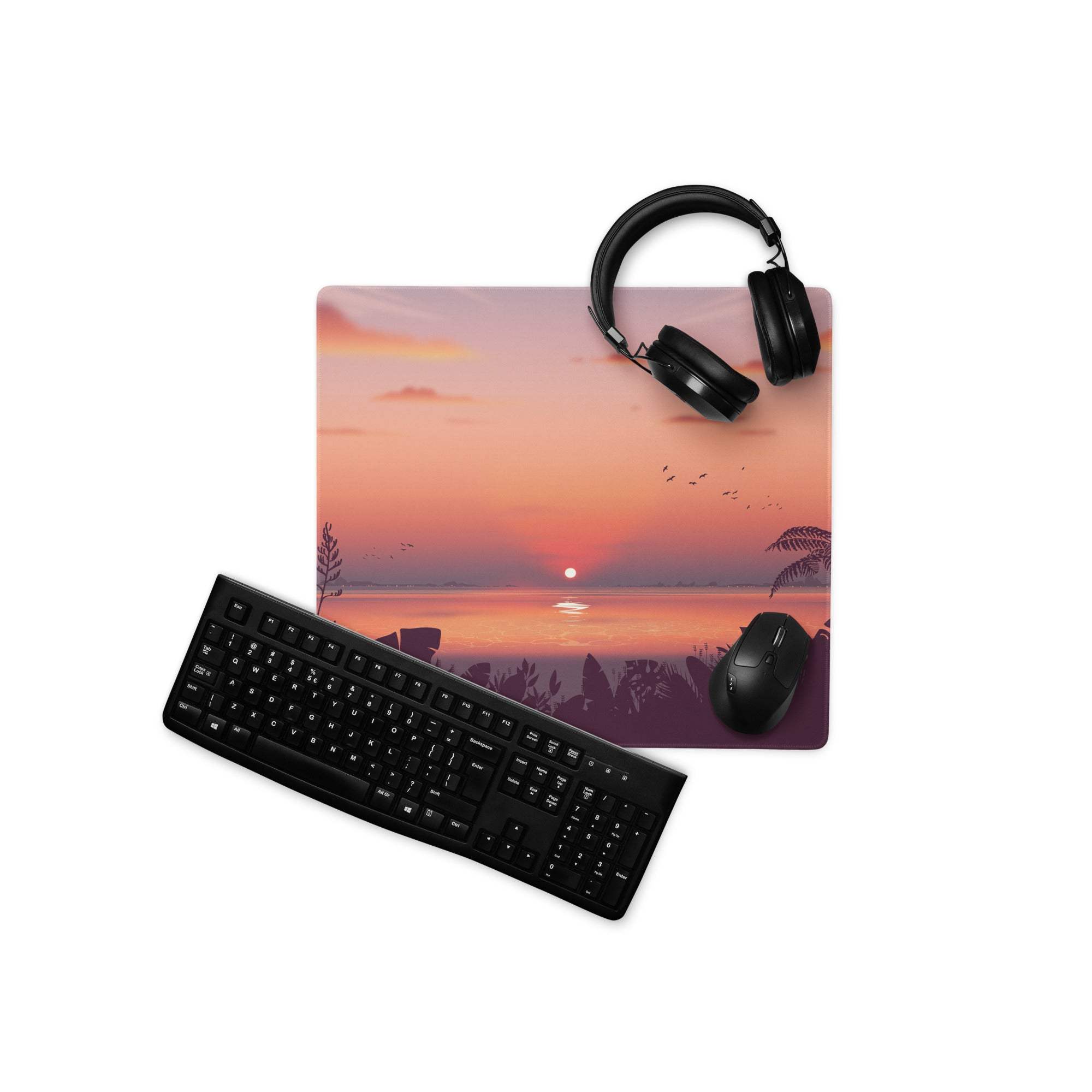 Large Sunset Tropical Gaming Mouse Pad with serene sunset, palms, birds