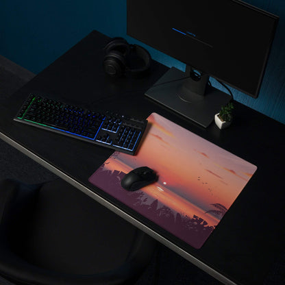Sunset tropical gaming mouse pad with vibrant orange pink palm tree scene