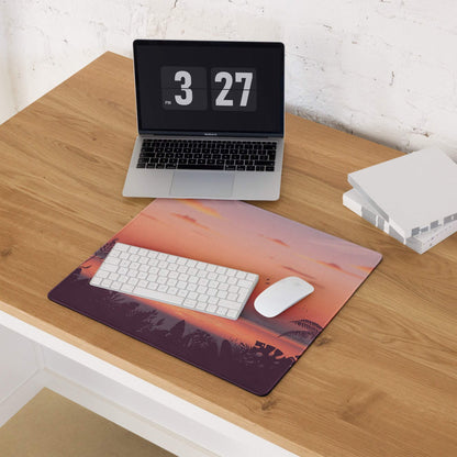 Sunset tropical large gaming mouse pad with orange pink purple hues over silhouetted trees