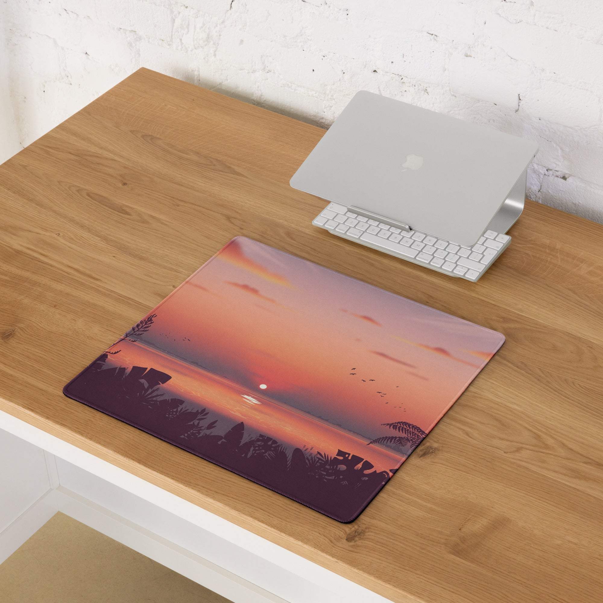 Large sunset tropical gaming mouse pad with palm tree silhouette