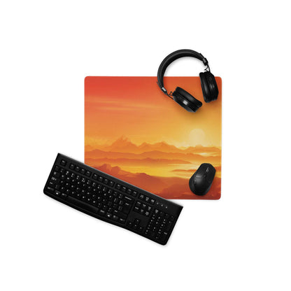 Sunset orange mountain landscape gaming mousepad with black keyboard and headphones