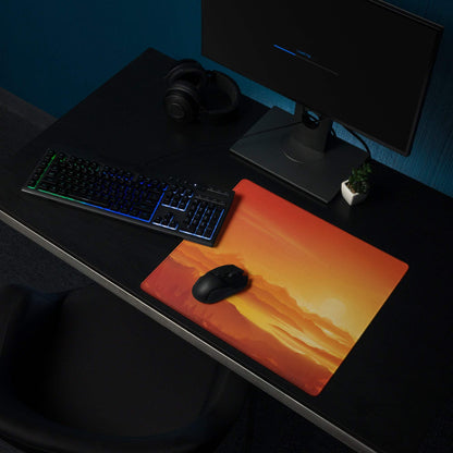 Sunset orange mountain gaming mousepad with black wireless mouse