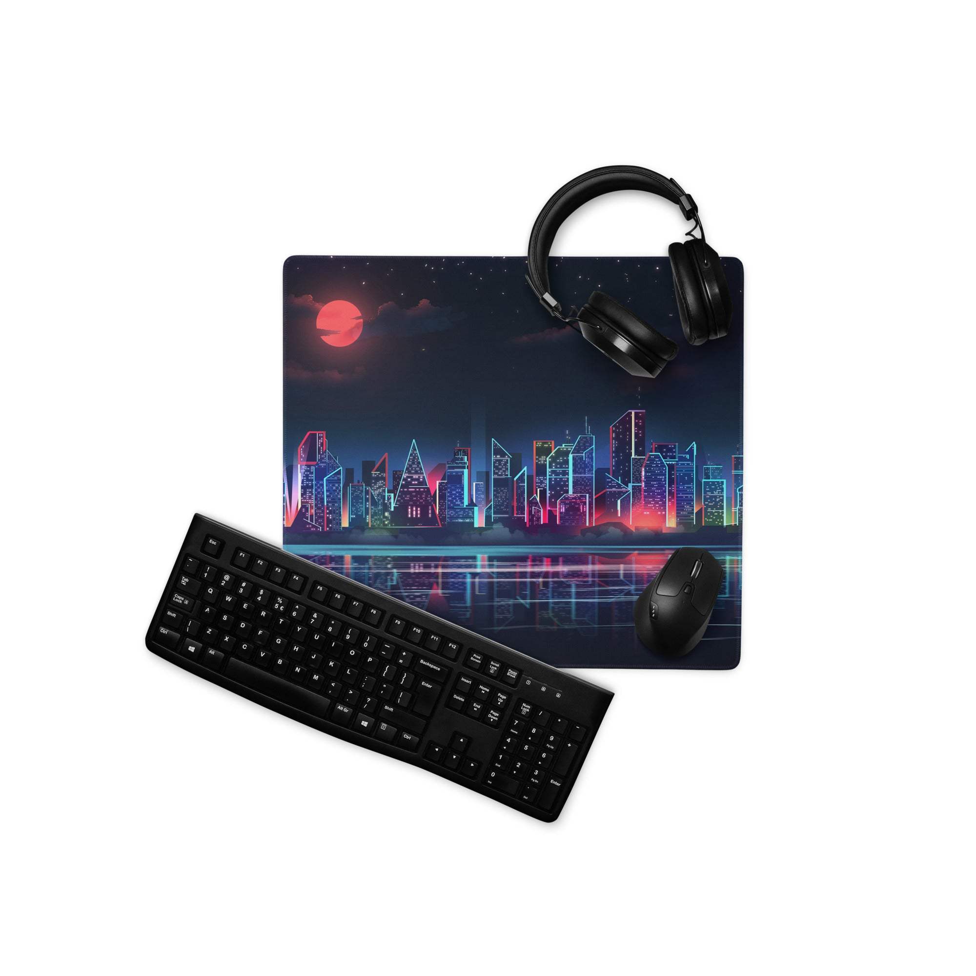Cyberpunk city skyline neon gaming mouse pad with glowing skyscrapers, red moon