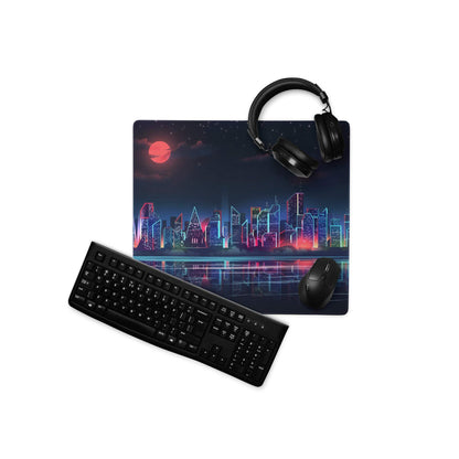 Cyberpunk city skyline neon gaming mouse pad with glowing skyscrapers, red moon