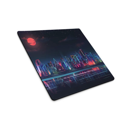Cyberpunk city skyline neon night gaming mouse pad with nebula red moon
