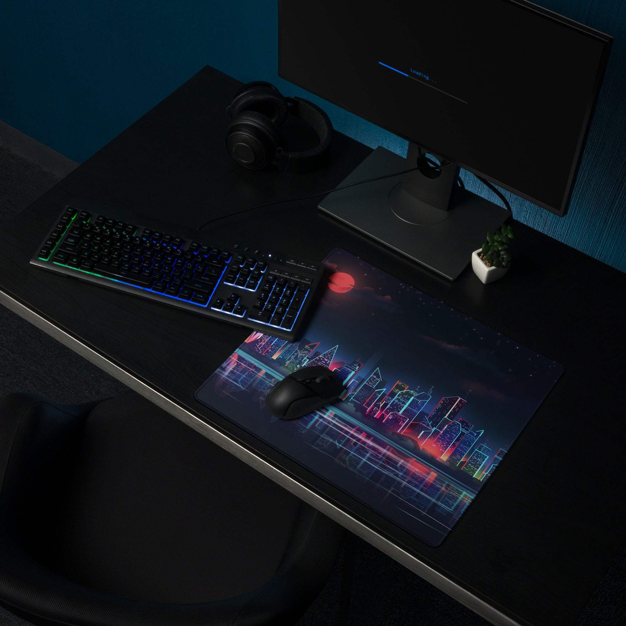 Cyberpunk city skyline neon night gaming mouse pad with nebula design