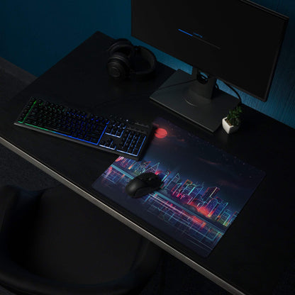 Cyberpunk city skyline neon night gaming mouse pad with nebula design