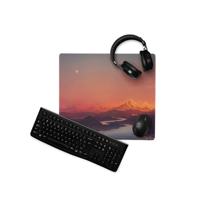 Artistic sunset mountain gaming mouse pad with scenic landscape, non-slip base