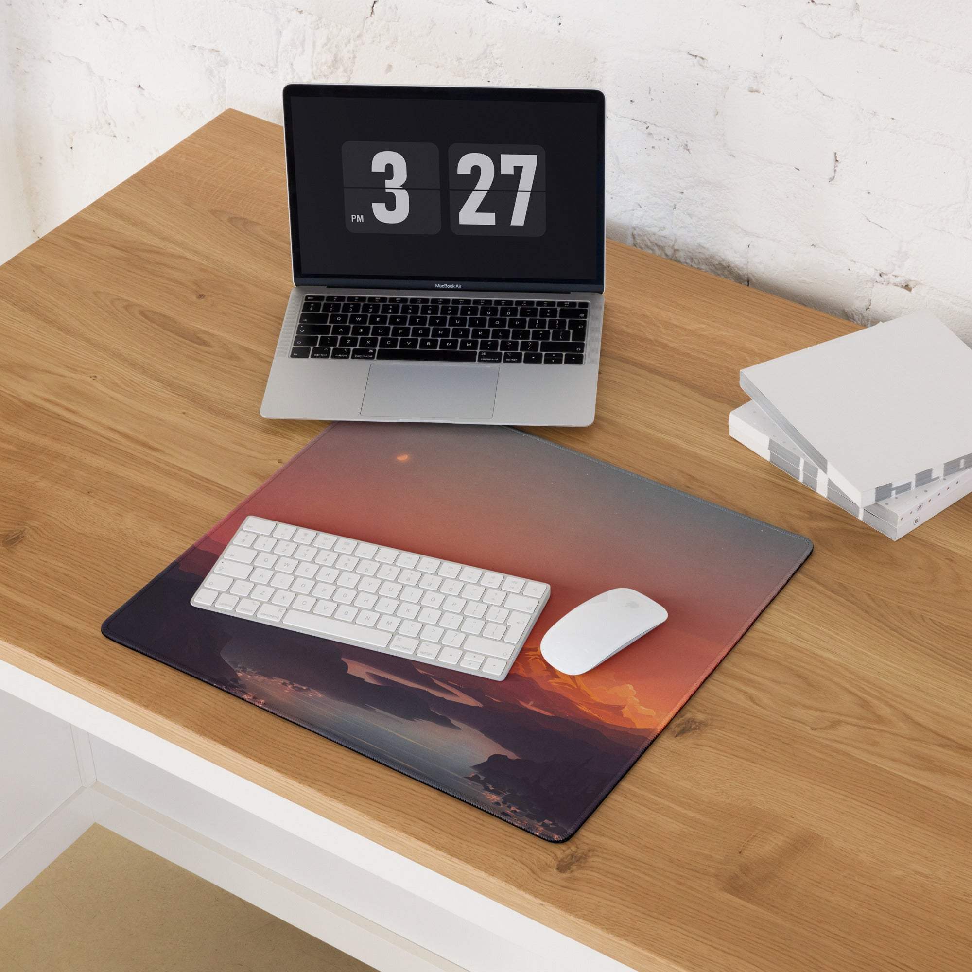 Vibrant sunset mountain gaming mouse pad with non-slip base