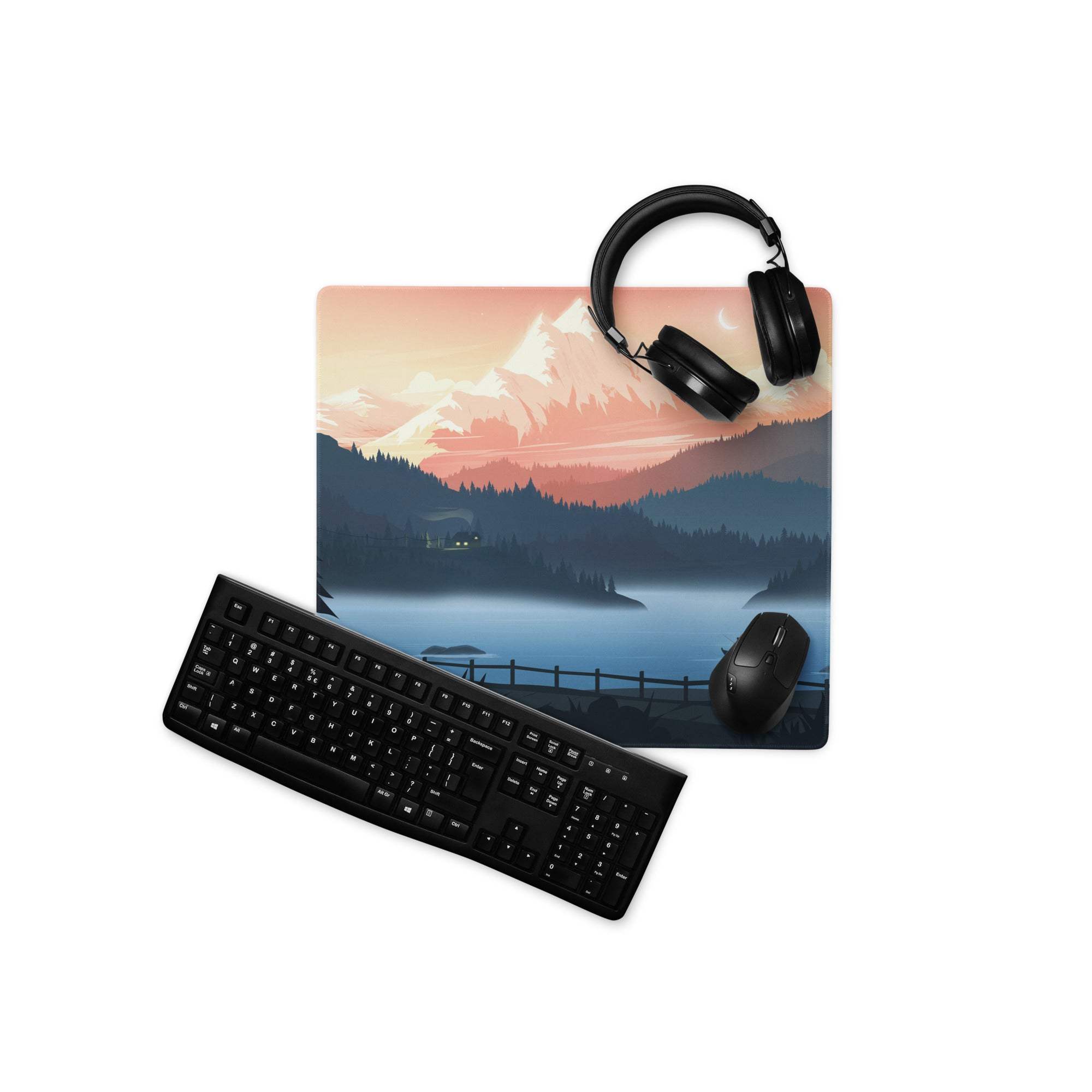 Stylized mountain lake twilight blue sunset gaming mouse pad with serene peaks