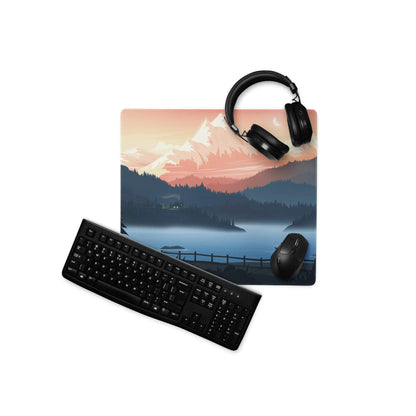 Stylized mountain lake twilight blue sunset gaming mouse pad with serene peaks