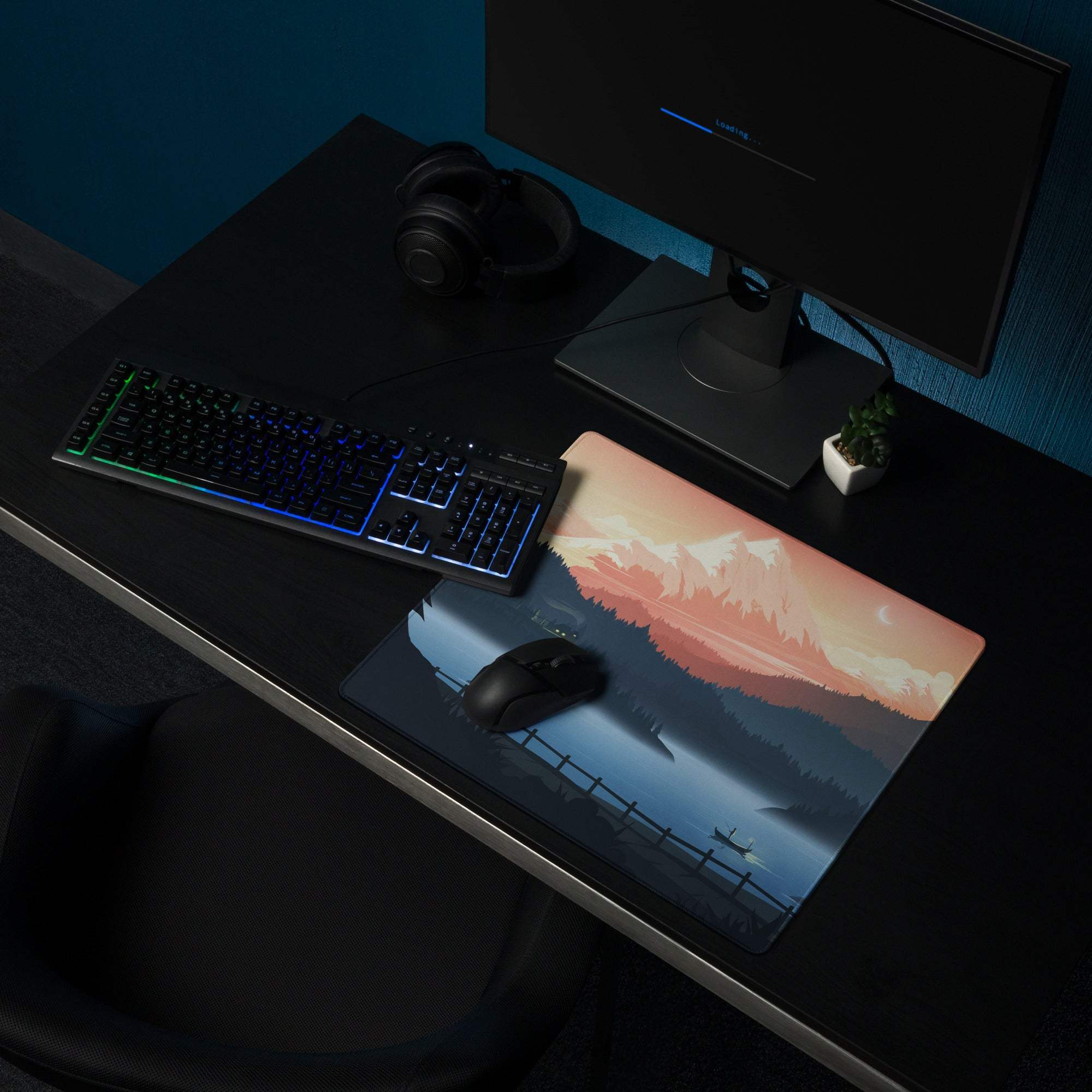 Stylized mountain lake twilight blue sunset gaming mouse pad with serene peaks