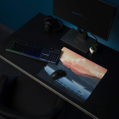 Stylized mountain lake twilight blue sunset gaming mouse pad with serene peaks