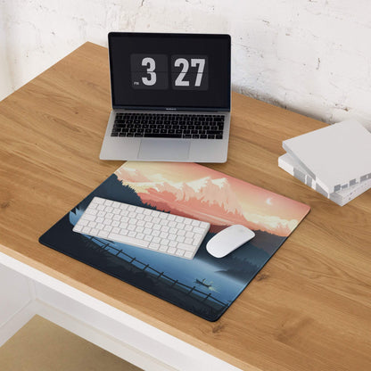 Stylized mountain lake twilight blue sunset gaming mouse pad with serene landscape