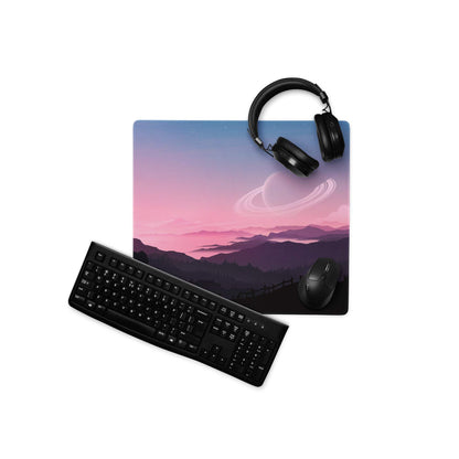 Epic Landscape Pink Sunset gaming mouse pad with gradient sky, mountains, planetary rings