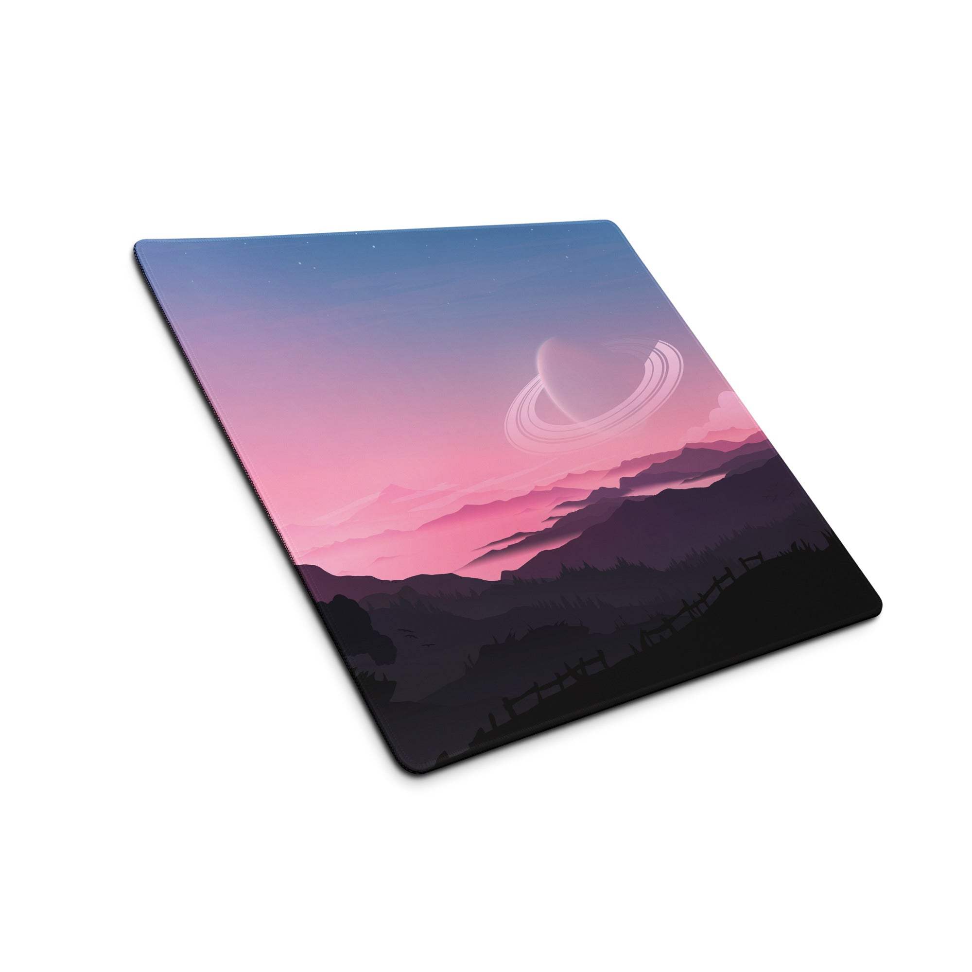 Epic Landscape Pink Sunset square gaming mouse pad with gradient sky, mountains, ringed planet, non-slip base