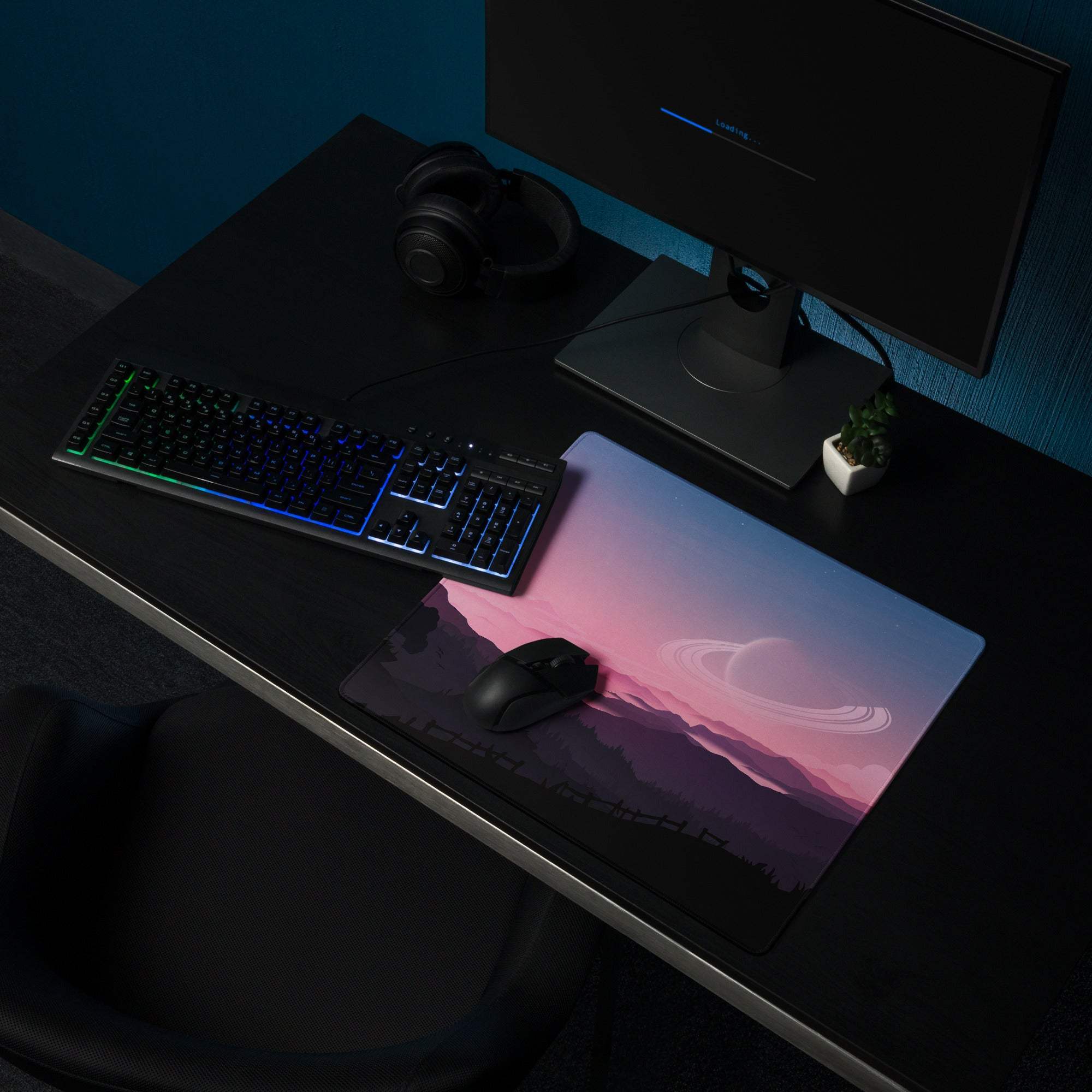 Epic Landscape pink sunset gaming mouse pad with purple mountains gradient