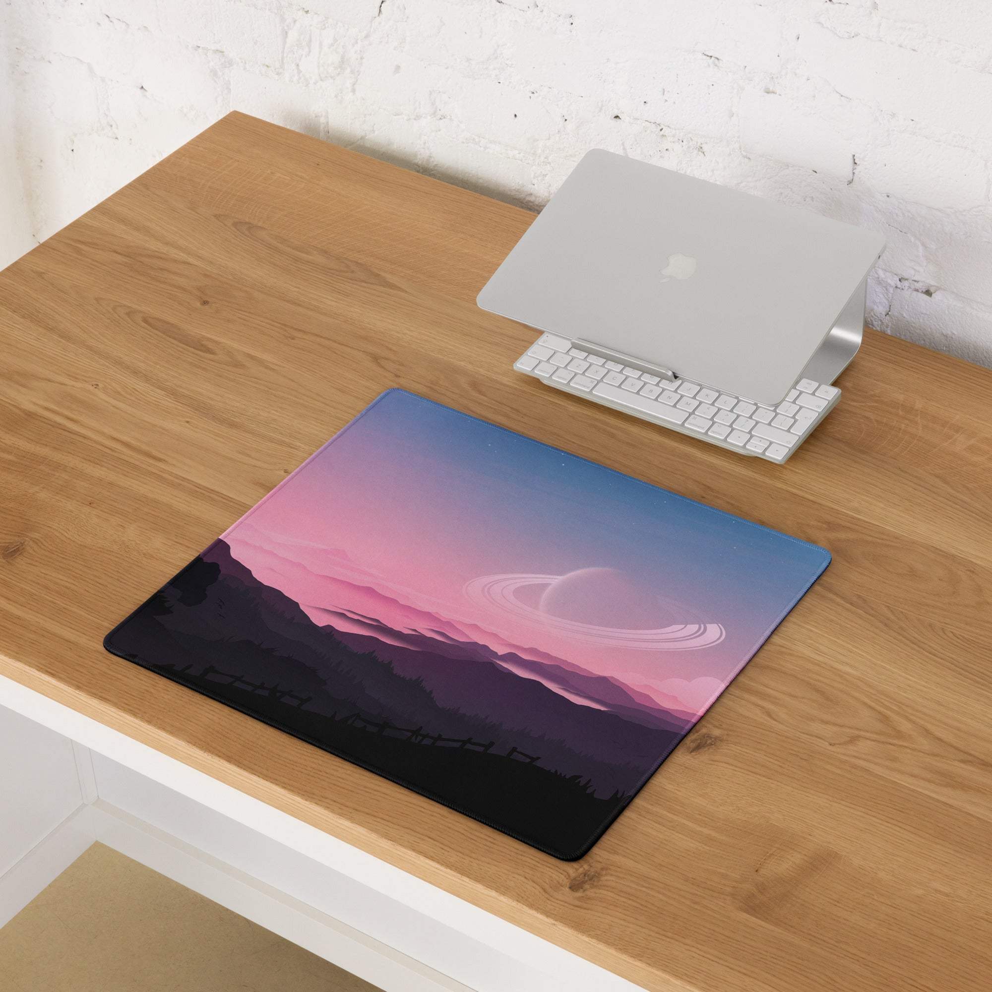 Epic Landscape Pink Sunset gaming mouse pad with gradient sky, mountains, planet