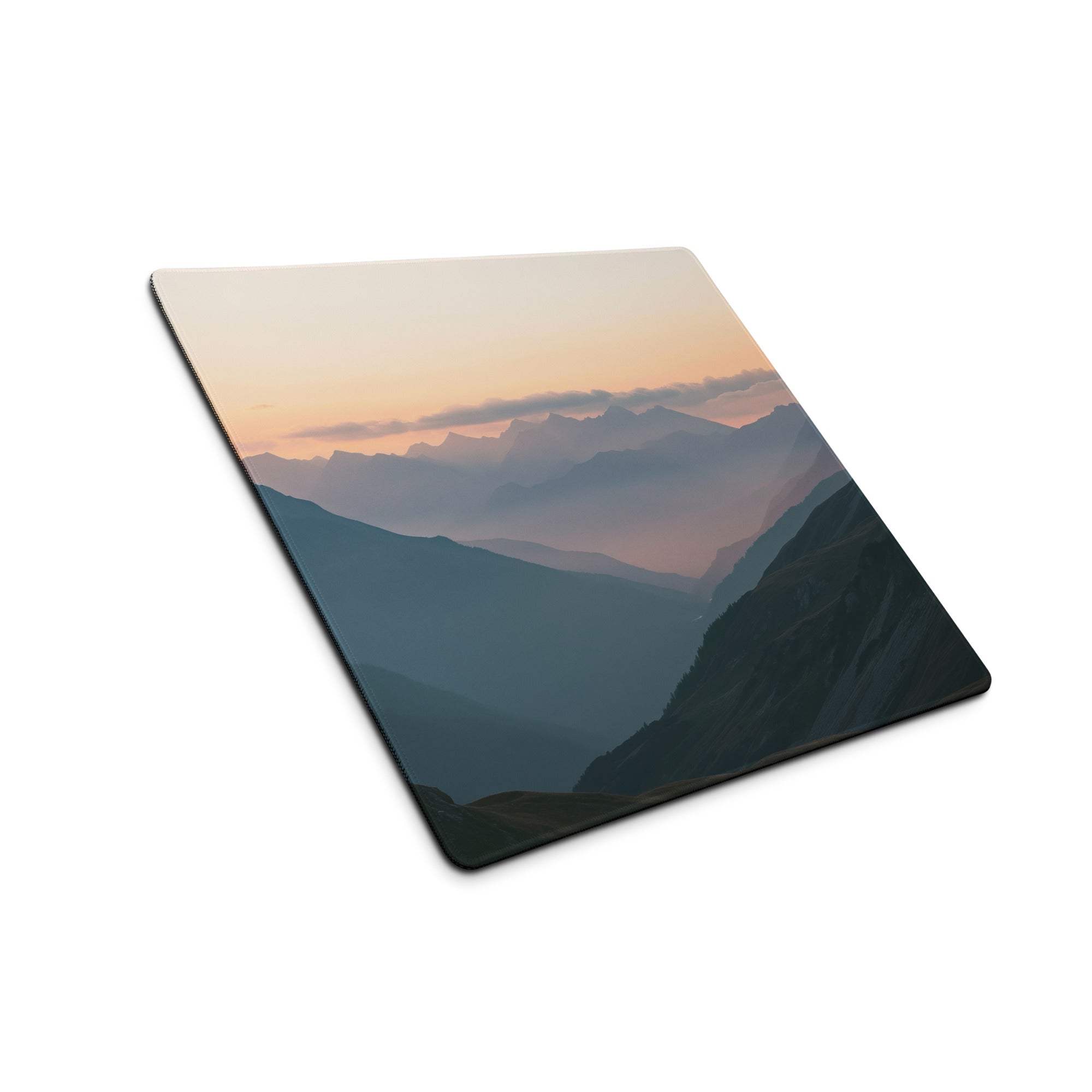 Square mountain sunrise coaster on large gaming mouse pad with non-slip base
