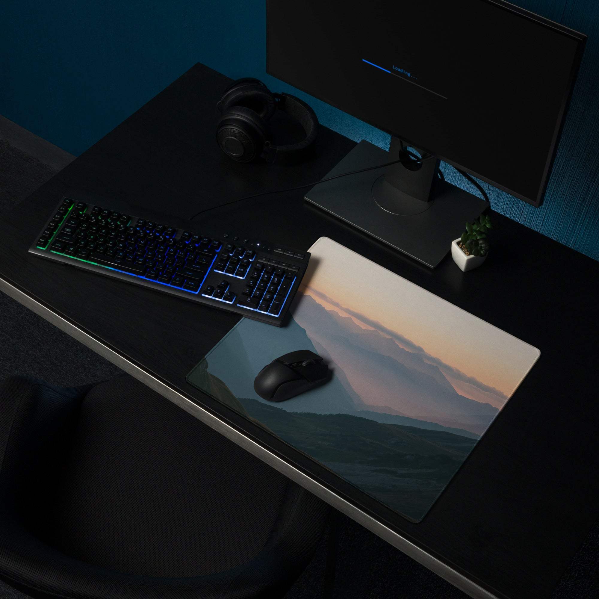 Mountain sunrise style large gaming mouse pad with serene dusk landscape