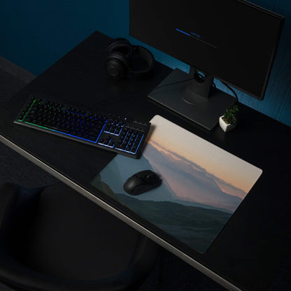 Mountain sunrise style large gaming mouse pad with serene dusk landscape