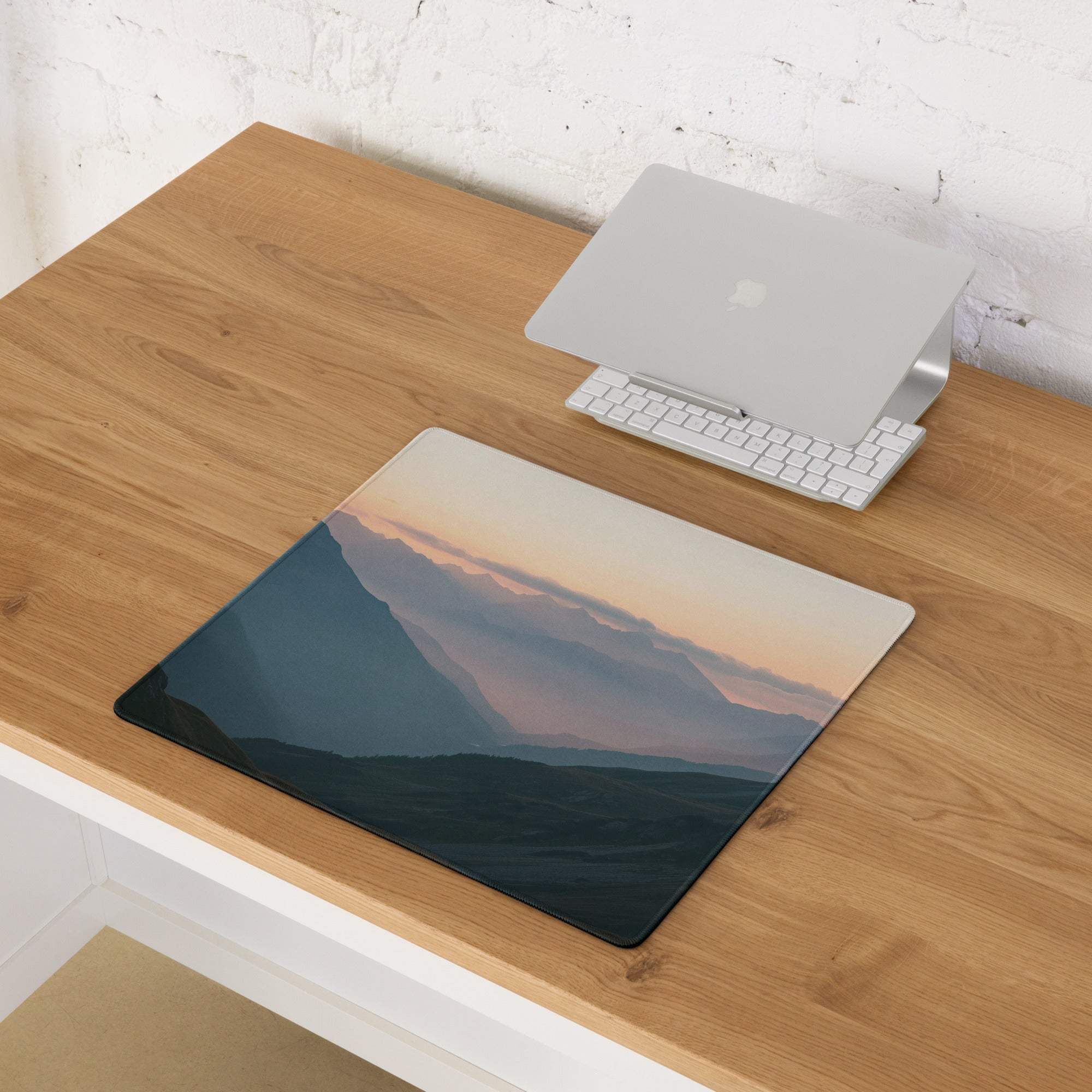 Mountain Sunrise large gaming mouse pad with serene blue-purple-peach landscape