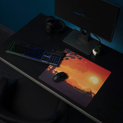 Vibrant sunset gaming mousepad with orange-purple gradient, trees, large non-slip stitching
